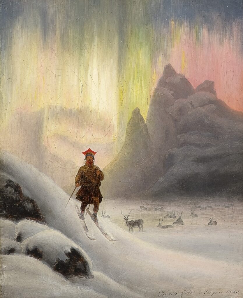 Skieur Lapon avec les Aurores Boréales (Skiing Lapp with the Northern Lights) par Frants Bøe (1885)